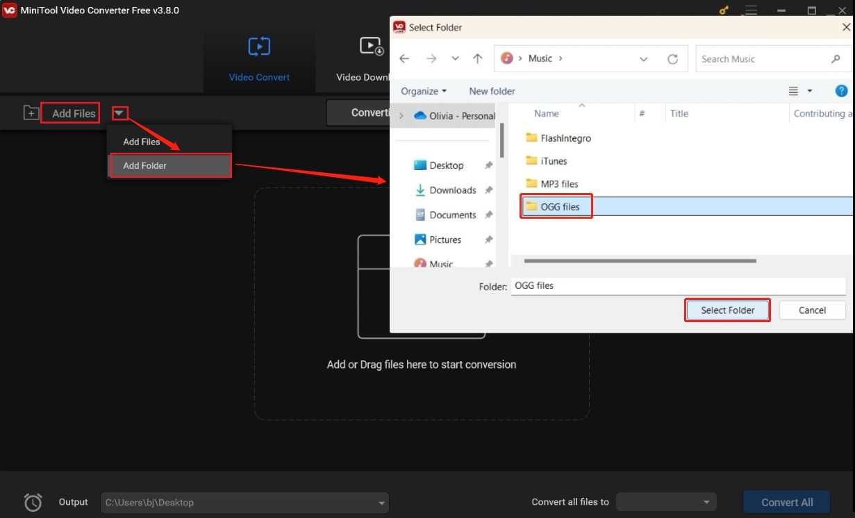 Click Add Files or click the inverted triangle next to Add Files to select Add Folder to import your OGG files into MiniTool Video Converter