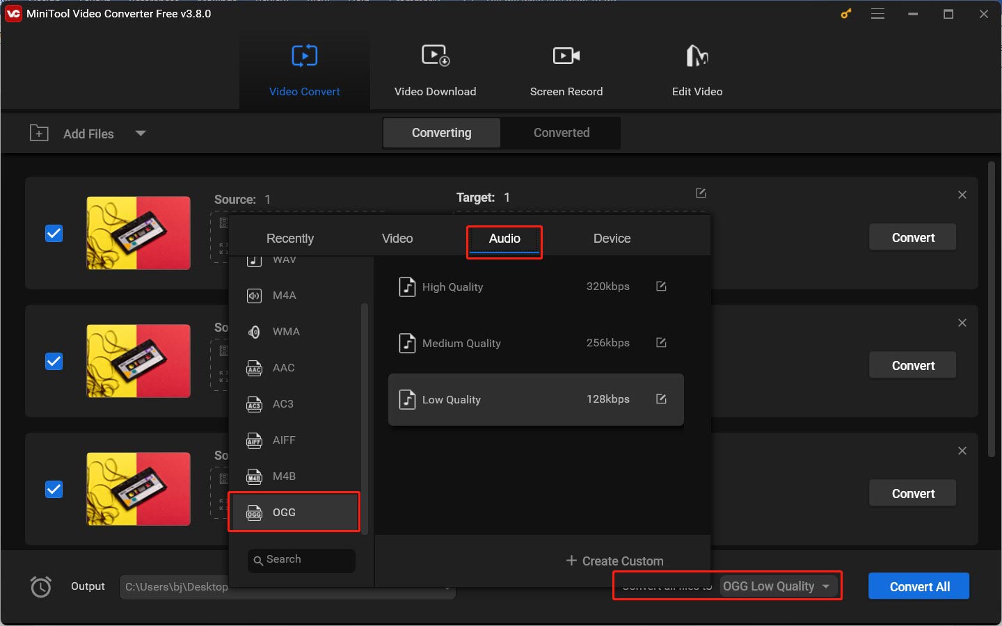 Click the Convert all files to option to enable the output format window and choose OGG as the target output format under the Audio tab of MiniTool Video Converter