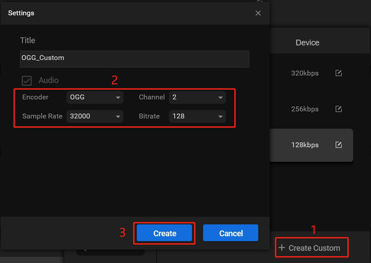 Click the + Create Custom option to personalize the OGG format in MiniTool Video Converter