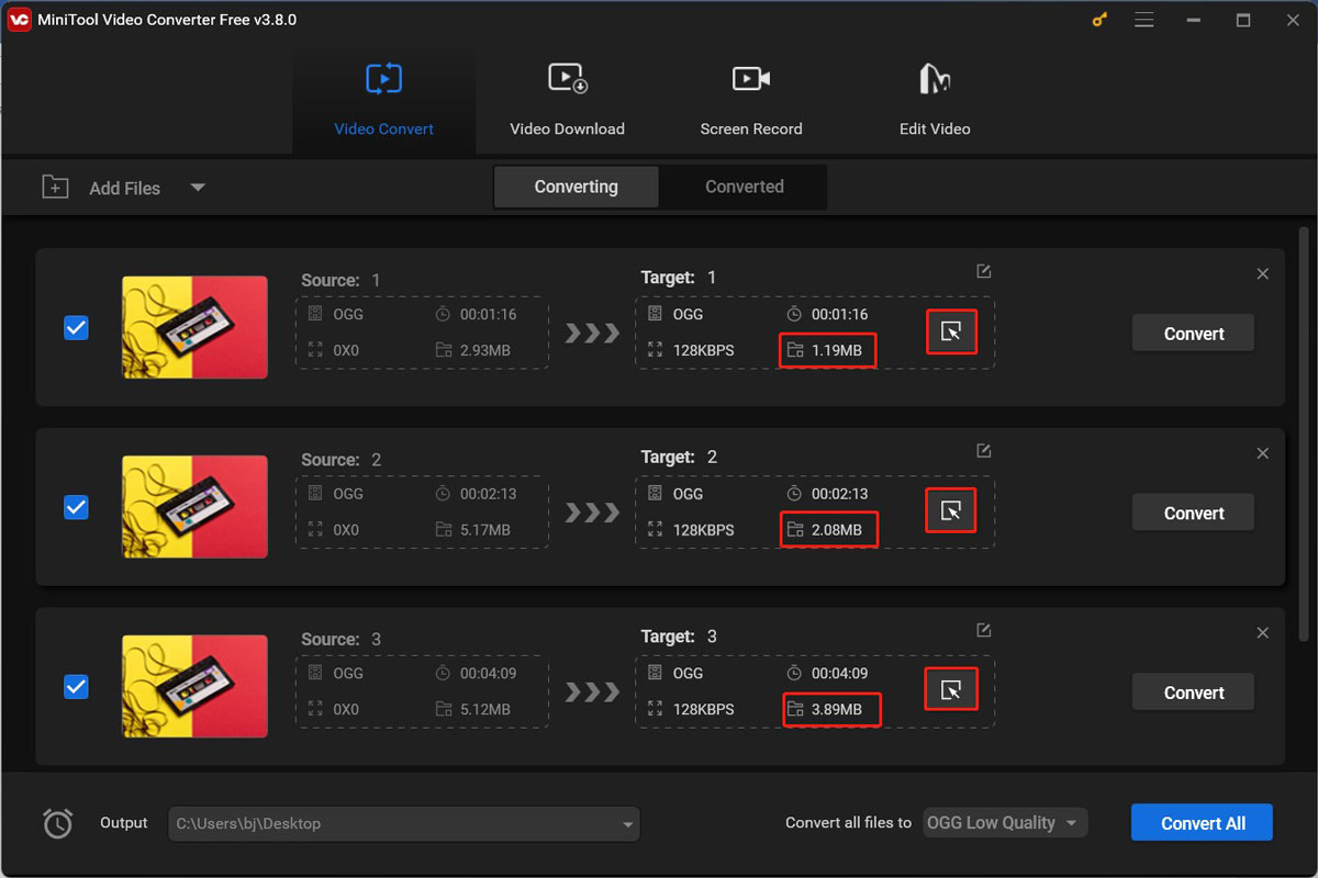 Check the compressed OGG file sizes in the Target section of MiniTool Video Converter and click the diagonal arrow to change the output format or parameters if you are not satisfied with the file size of a specific OGG file