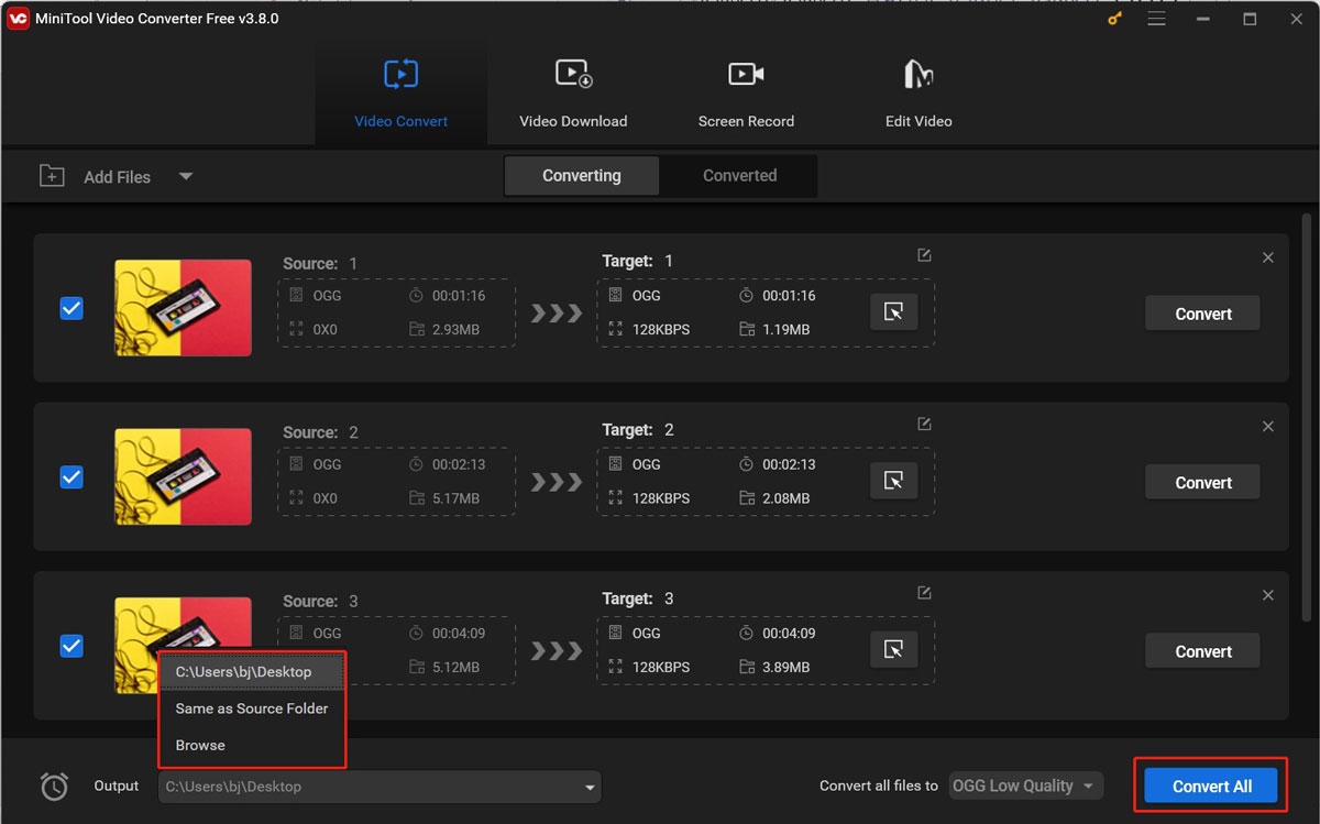 Open the Output menu to choose a folder to save the compressed OGG files and click Convert All to activate all compression processes in MiniTool Video Converter