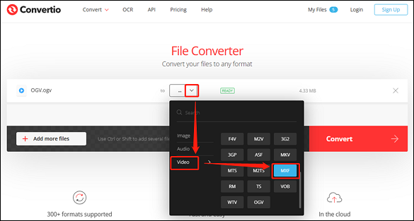 Select MXF as the output format in Convertio for format conversion