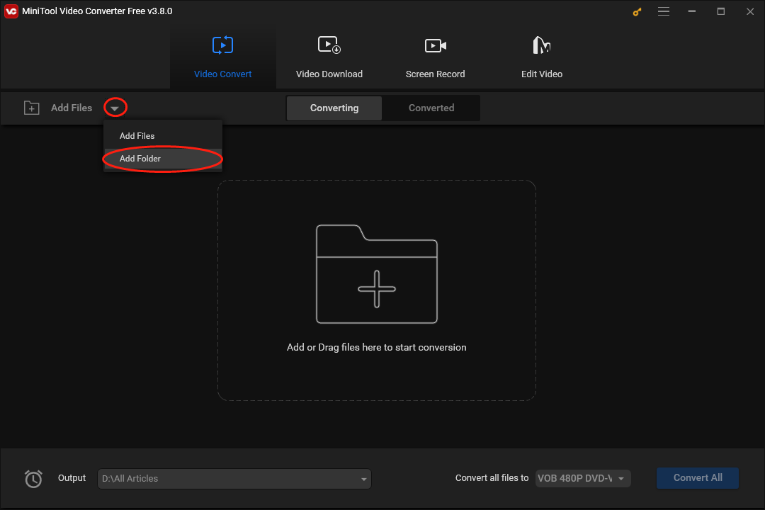 Click on the inverted arrow next to Add Files of MiniTool Video Converter to expand the option and click on Add Folder to import multiple files at once