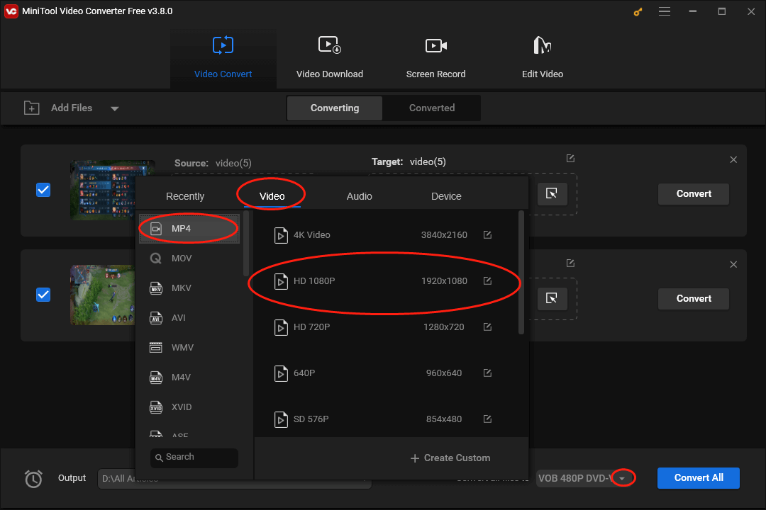 Expand the Convert all files to option in MiniTool Video Converter to access the output format window and choose MP4 as the output format.