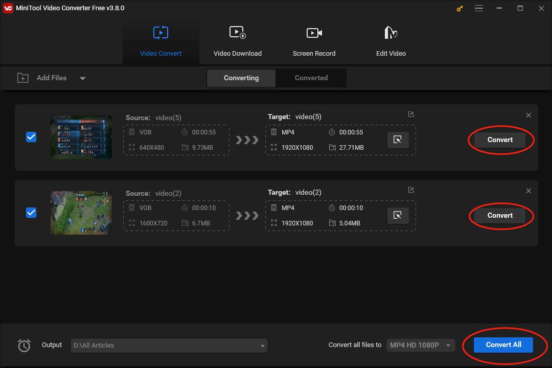 Click on the Convert or Convert All button in MiniTool Video Converter to begin the conversion tasks