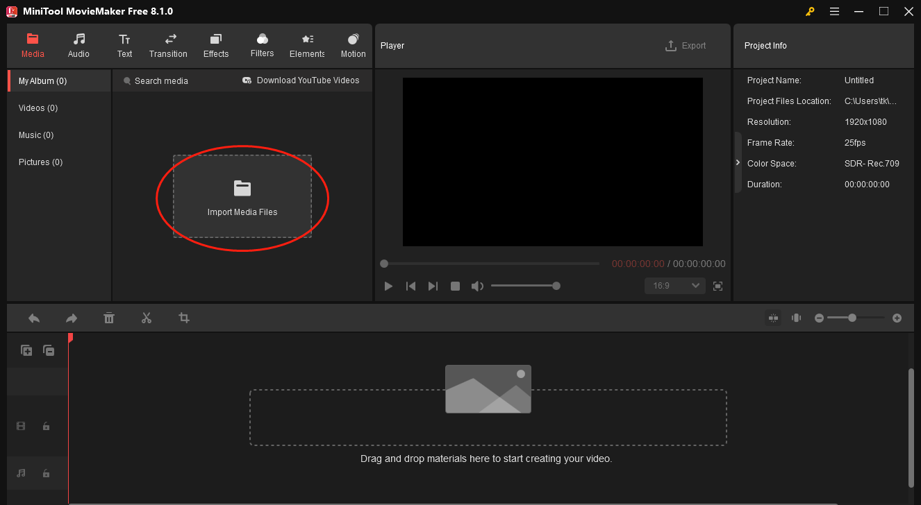 Click on Import Media Files in MiniTool MovieMaker to upload your video