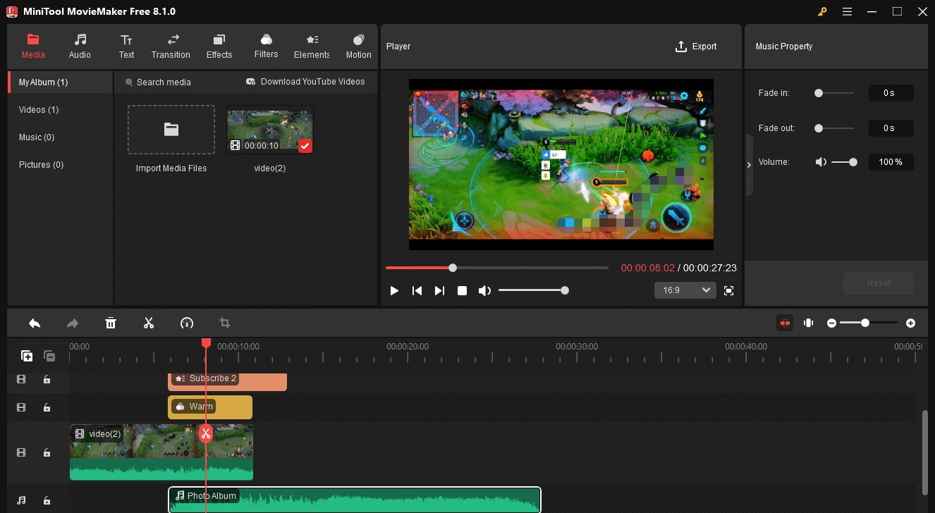 Click on the plus icon in MiniTool MovieMaker to put a video on your video track