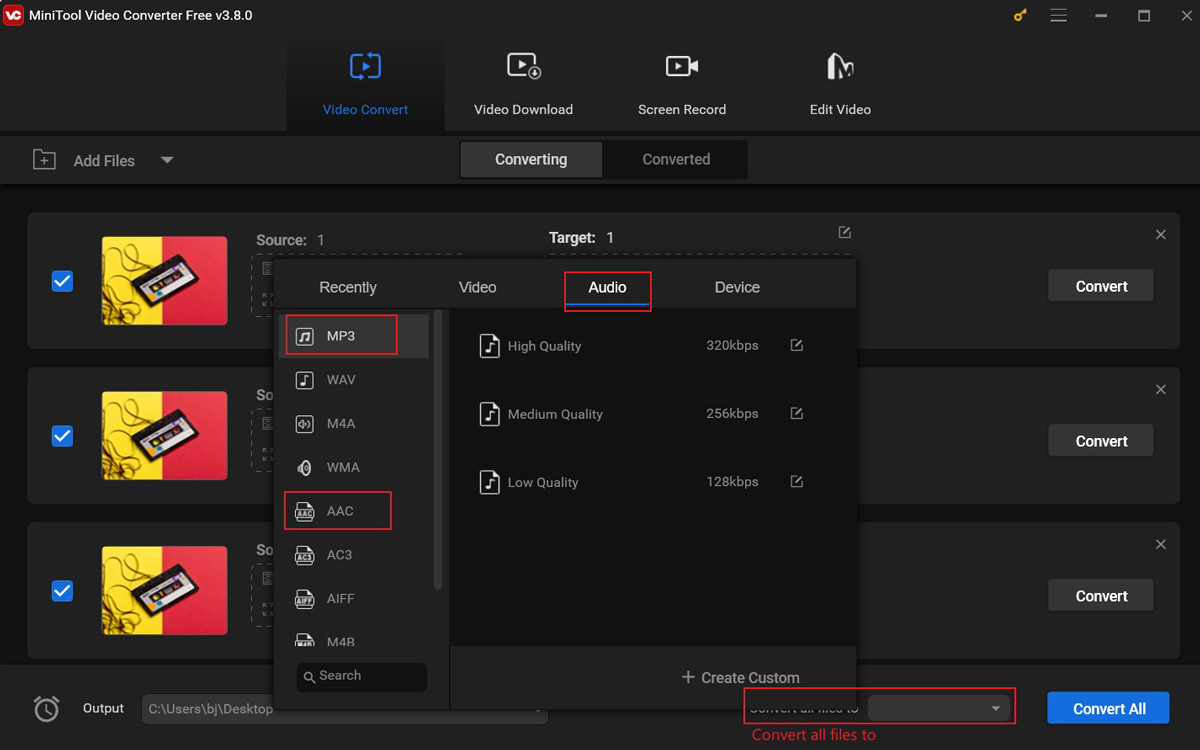 Click the Convert all files to option to open the output format window and go to the Audio tab to choose MP3 or other Mac-supported audio formats as the target output format in MiniTool Video Converter