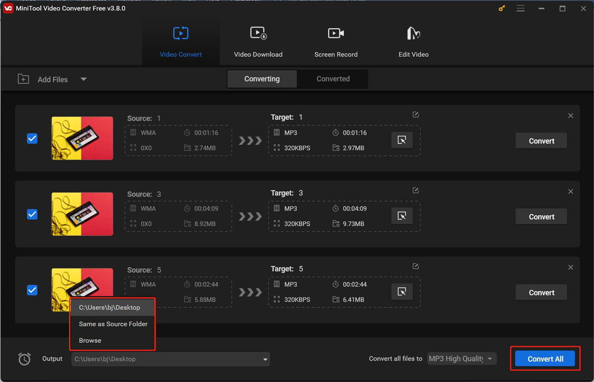 Expand the Output list to choose the saving path and click Convert All to start all conversion processes in MiniTool Video Converter