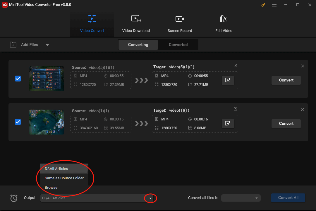 Expand the Output option in MiniTool Video Converter to choose a saving path for your converted files