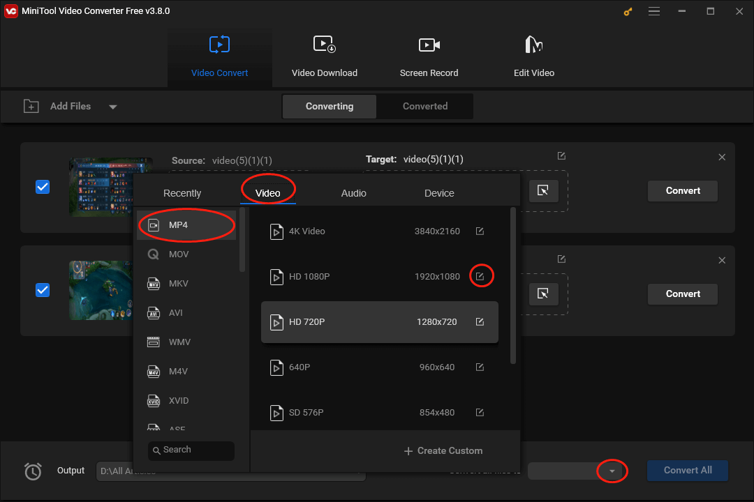 Expand the Convert all files to option in MiniTool Video Converter to access the output format window and click on pen icon next to MP4 HD 1080P to access the Settings window