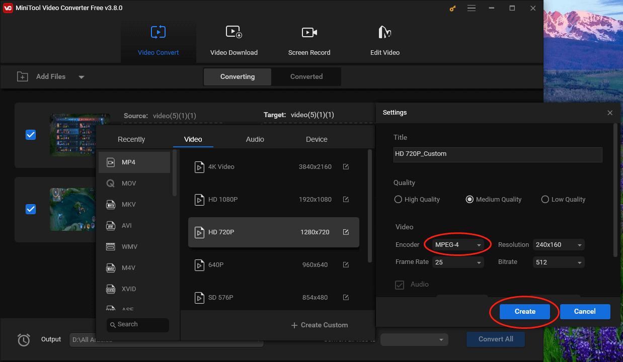 Expand the Encoder option in the Settings window of MiniTool Video Converter to choose MPEG-4 and click on the Create button to confirm the changes