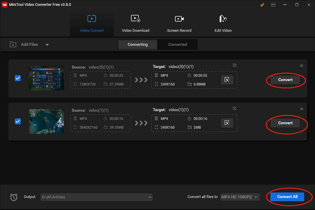 Click on the Convert or Convert All button in MiniTool Video Converter to begin your conversion tasks