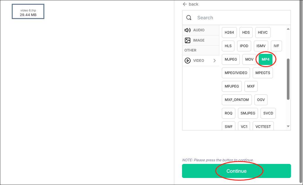 Click on the Continue button in dragdropdo to begin the conversion from THP to MP4