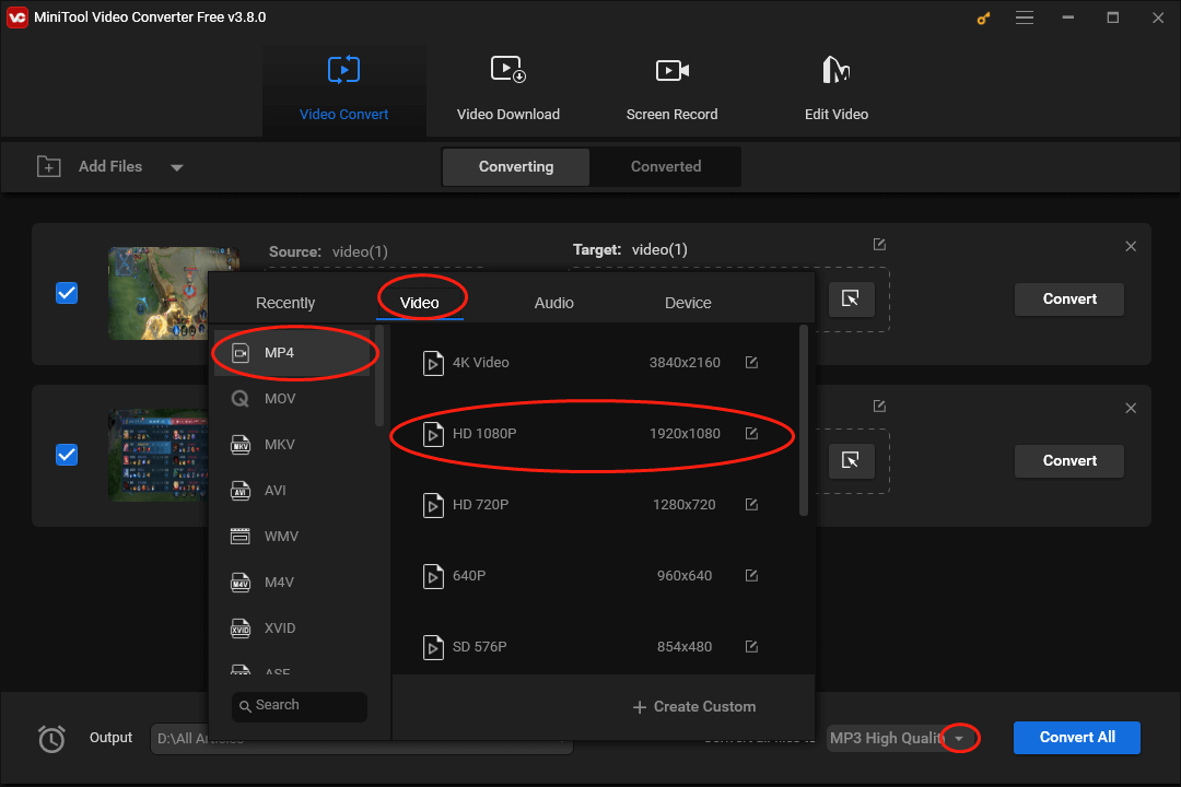 Expand the Convert all files to option in MiniTool Video Converter and choose MP4 HD 1080P as the output format