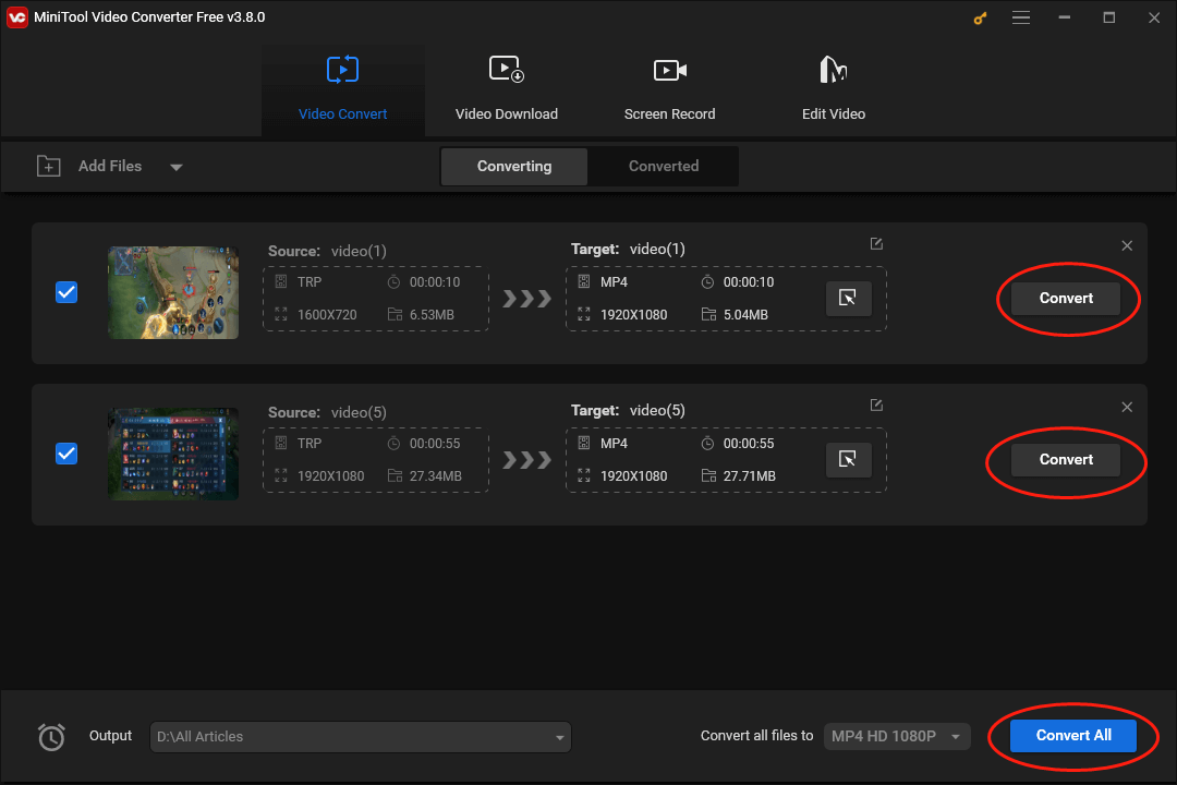 Click on the Convert or Convert All button in MiniTool Video Converter to begin the conversion from TRP to MP4