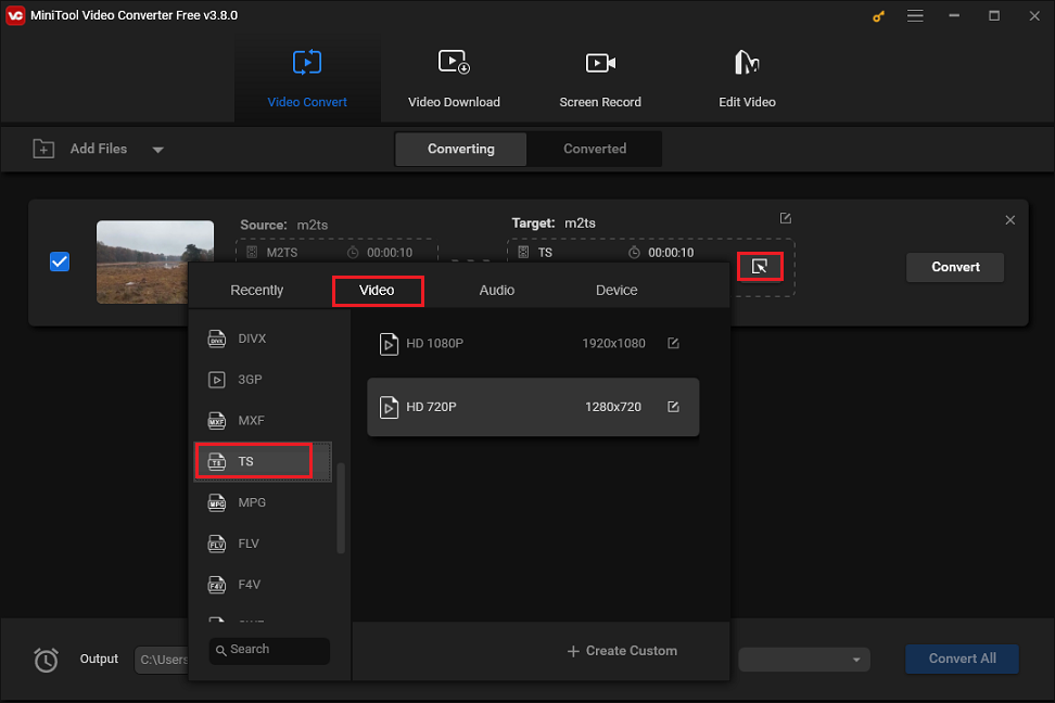 Select TS as the output format under the Video tab in the output format window