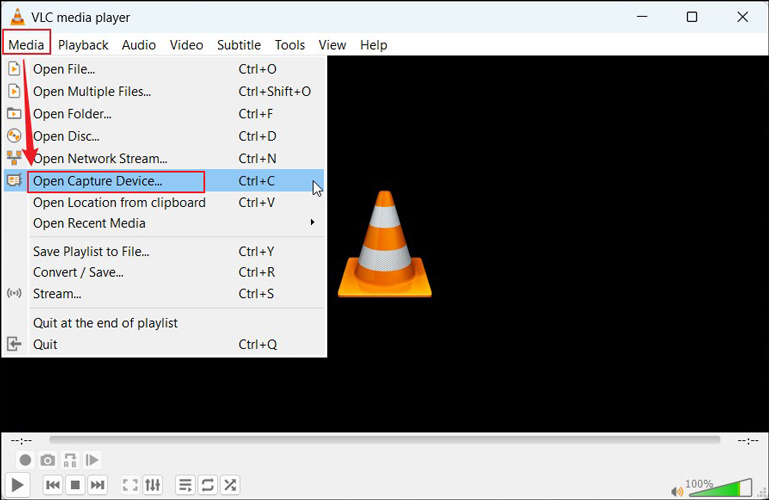 Choose the Open Capture Device option under the Media tab of VLC