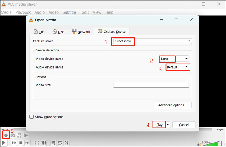 Set the capture mode, video device name, and audio device name, and then click the Play button under the Capture Device subtab on the Open Media window of VLC