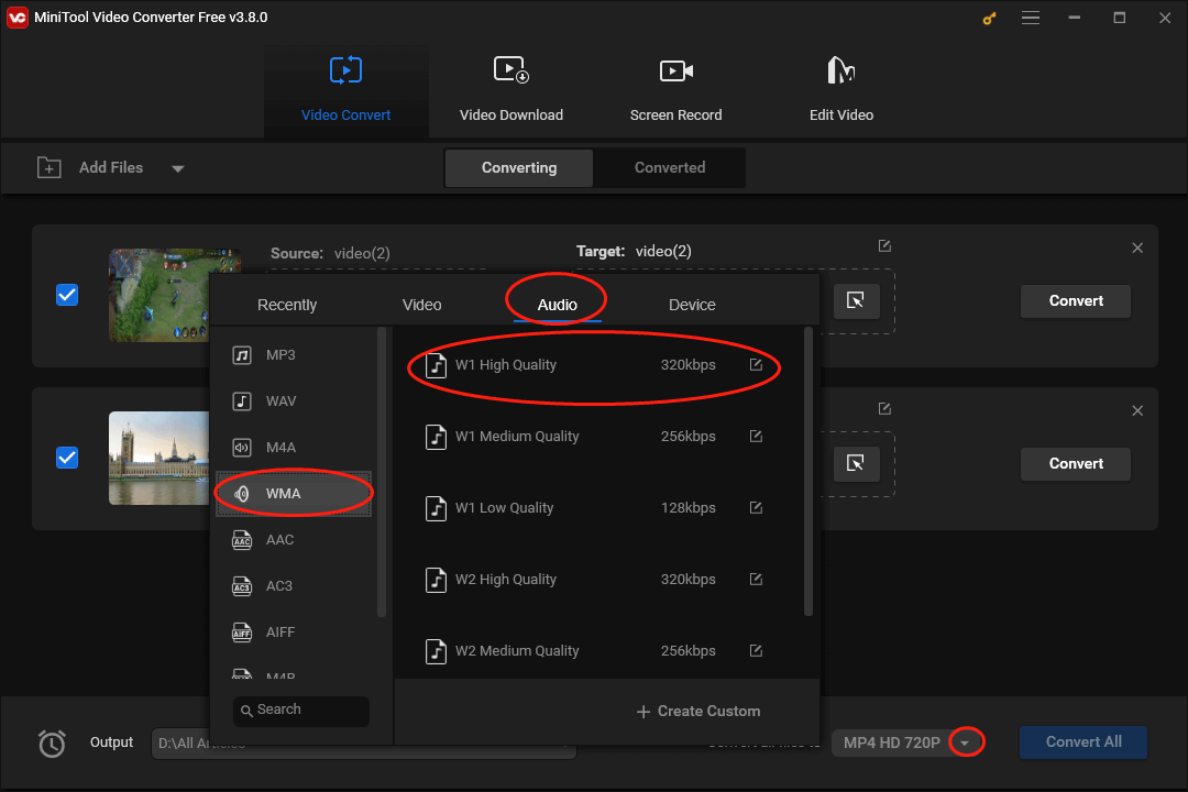 Expand the Convert all files to option in MiniTool Video Converter to enter the output format window and choose WMA W1 High Quality as the output format