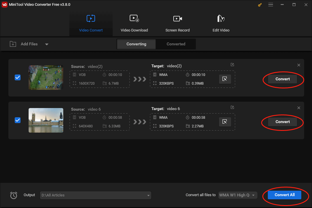 Click on the Convert or Convert All button in MiniTool Video Converter to begin the conversion tasks