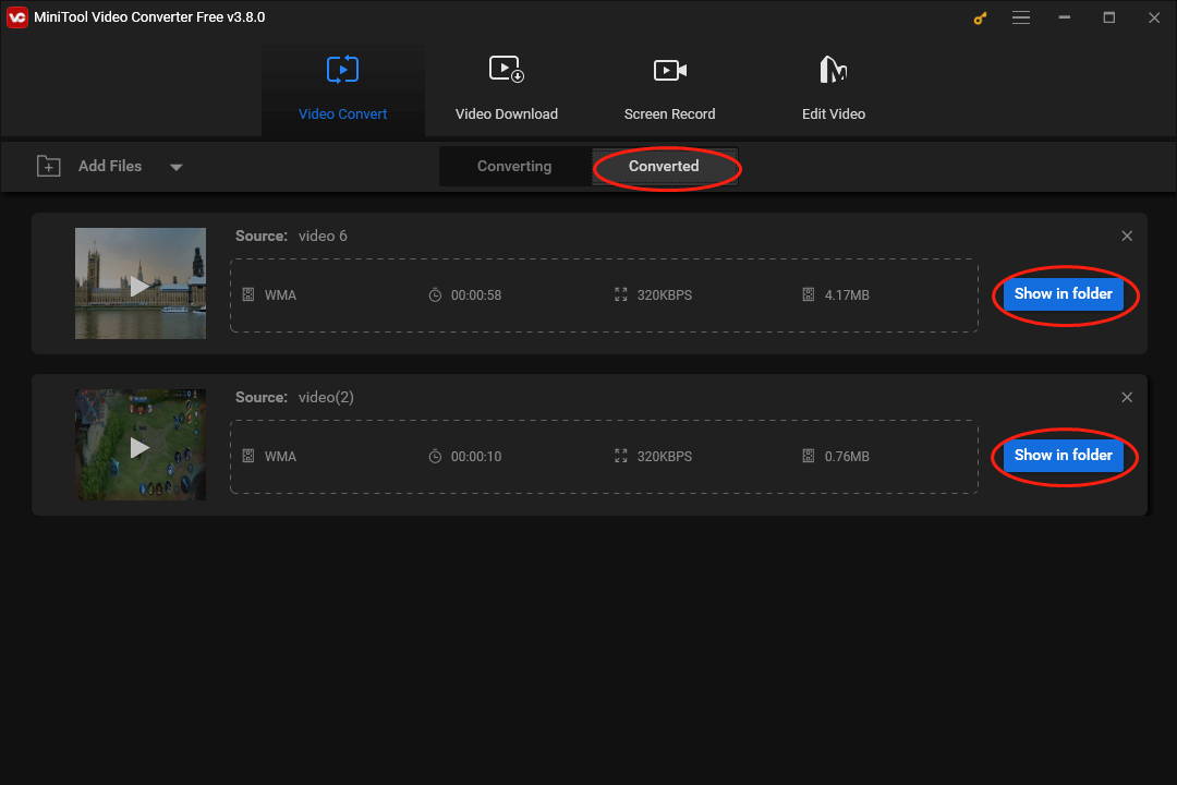 Click on Show in folder in the Converted section of MiniTool Video Converter to locate and check your converted files