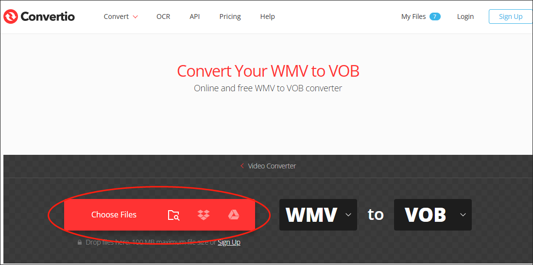 Click on Choose Files in Convertio to import your WMV files