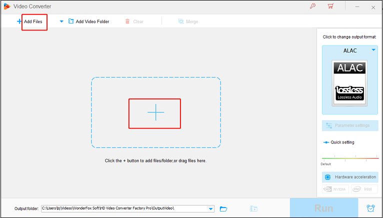 Click the Add Files button or the + area to import the WAV file for format conversion in HD Video Converter Factory Pro