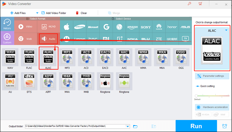 Select ALAC as the output format for conversion in HD Video Converter Factory Pro