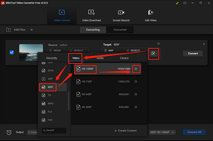 Choose MXF as the output format for conversion in MiniTool Video Converter