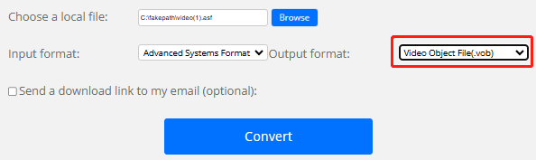 Click the box next to “Output format” and choose Video Object File(.vob) from the dropdown