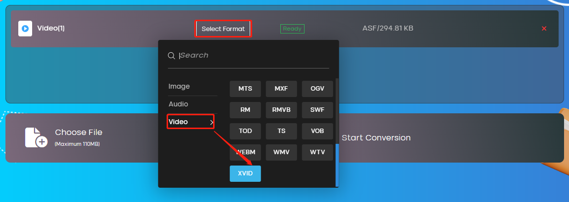 Click Select Format and select XVID under the Video tab from the dropdown