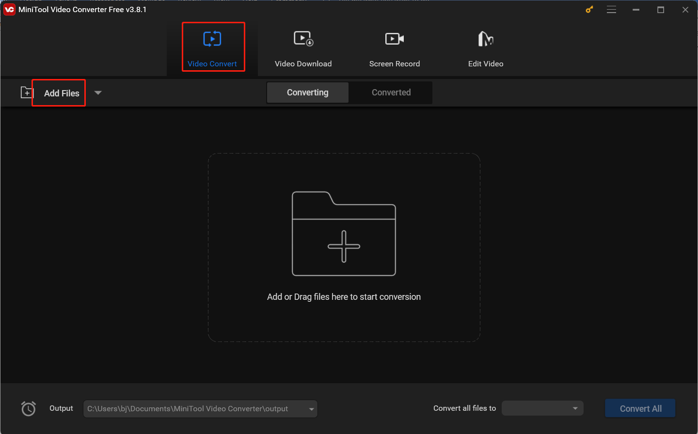 Click the Add Files button under the Video Convert module to import the target M4A file into MiniTool Video Converter