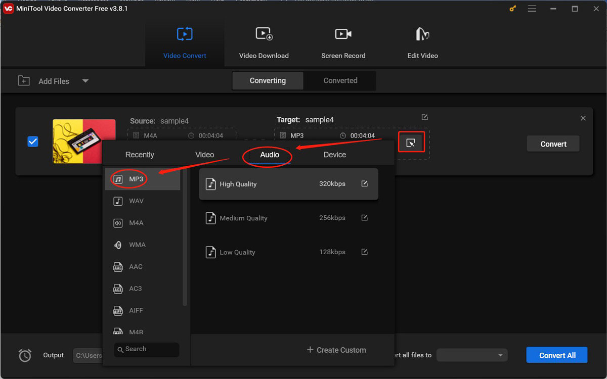 Click the diagonal arrow and choose MP3 under the Audio tab of MiniTool Video Converter