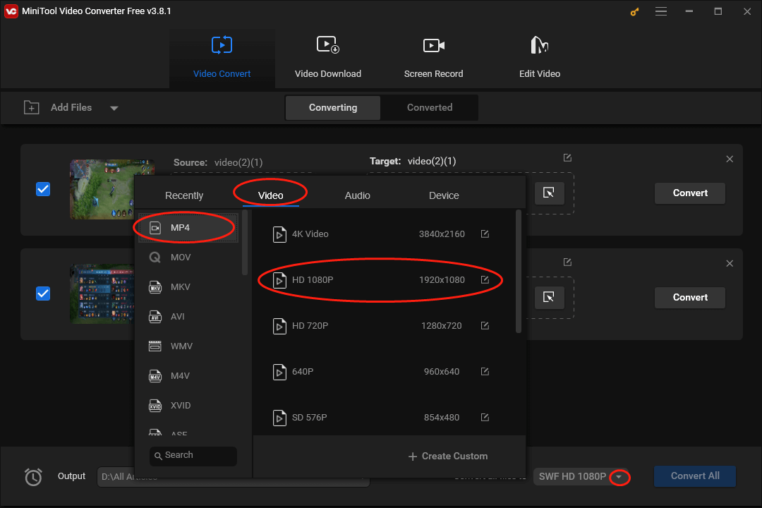 Expand the Convert all files to option in MiniTool Video Converter to access the output format window and choose MP4 HD 1080P as the output format