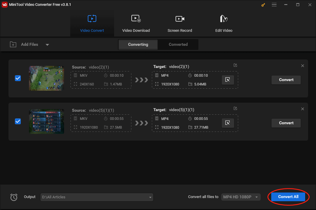 Click on Convert All in MiniTool Video Converter to begin the conversion from MKV to MP4