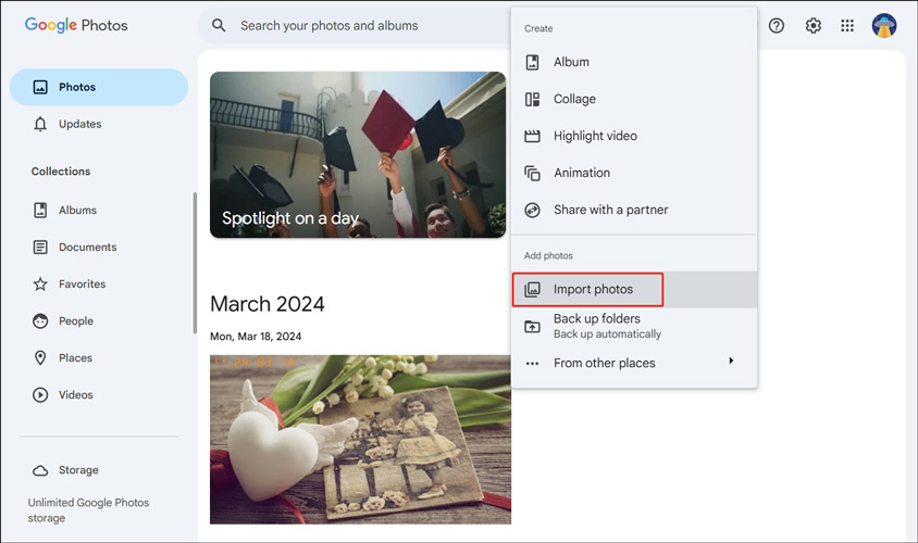 Click the plus icon and then choose the Import photos option in Google Photos