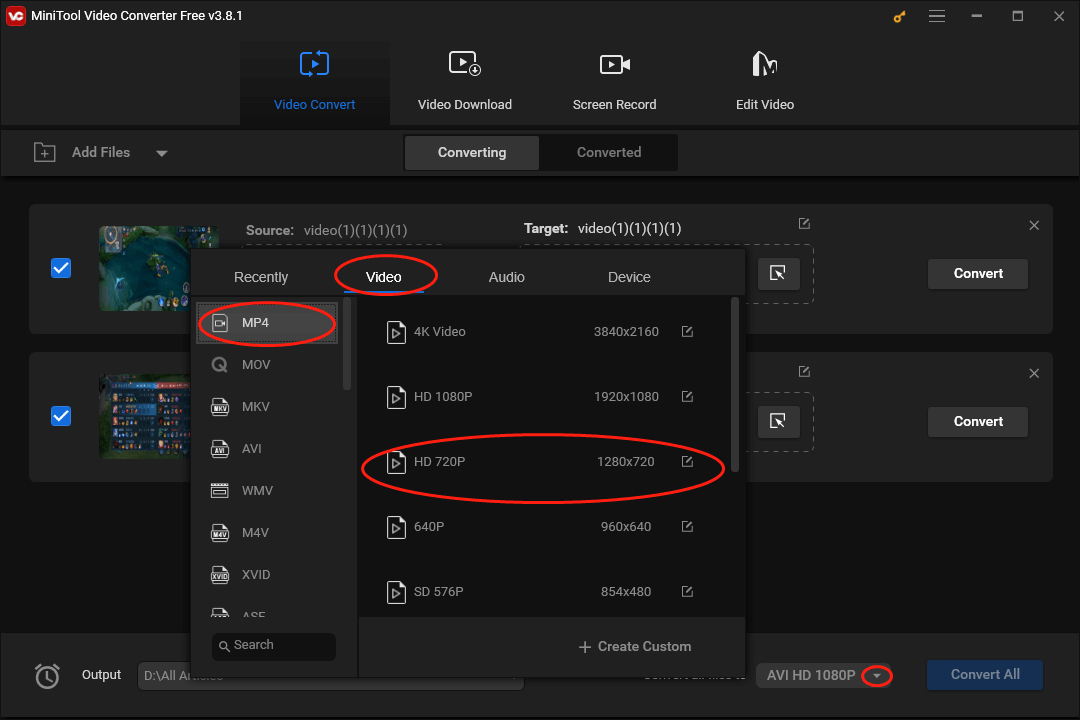 Expand the Convert all files to option in MiniTool Video Converter to access the output format window and choose an output location for your converted files