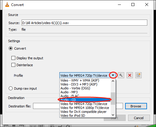 Expand the Profile option in the Convert window of the VLC media player and choose Audio - CD