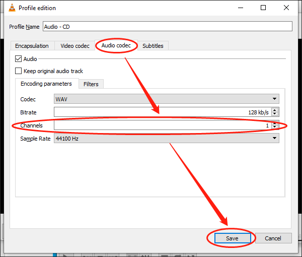 Change the audio channel to 1 in the Profile edition window of the VLC media player and click on the Save button to confirm the changes