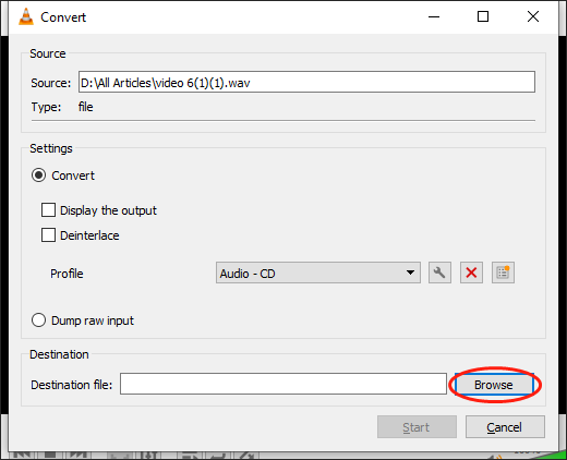 Click on the Browse button in the Convert window of the VLC media player to choose an output location