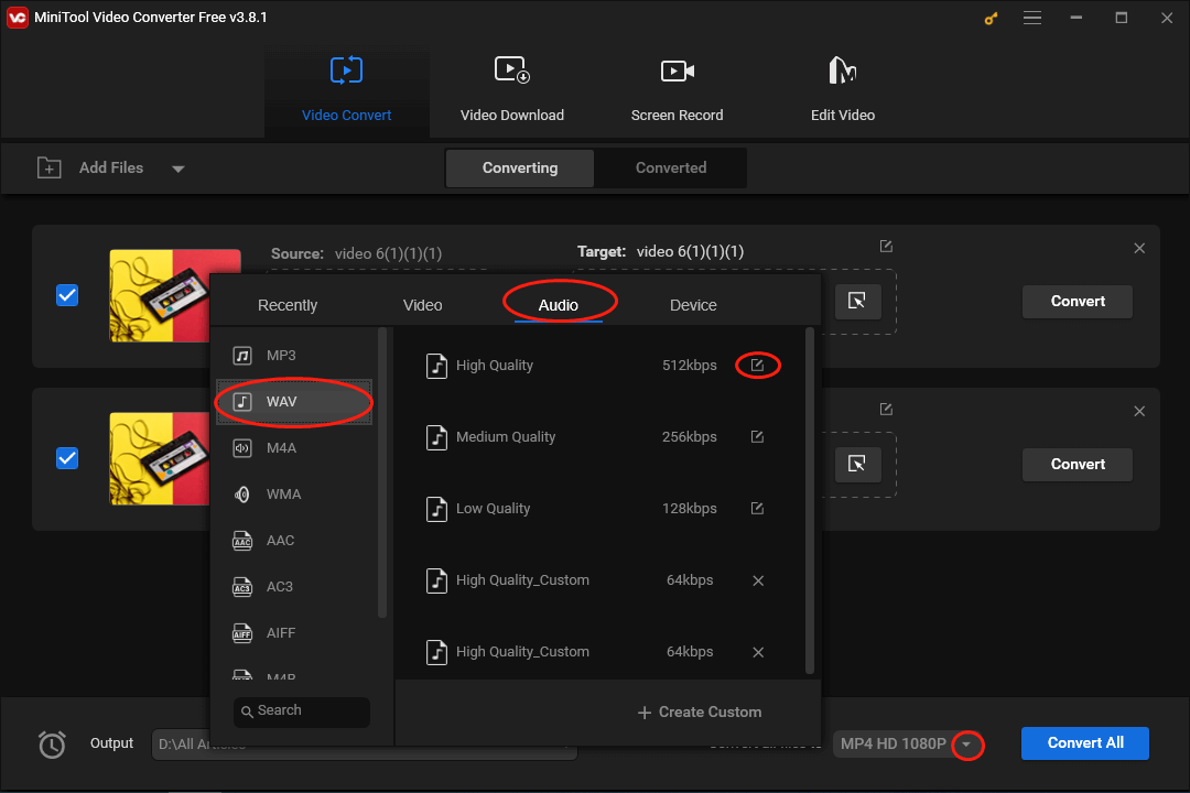 Expand the Convert all files to option in MiniTool Video Converter and click on the pen icon next to High Quality WAV to access the Settings window