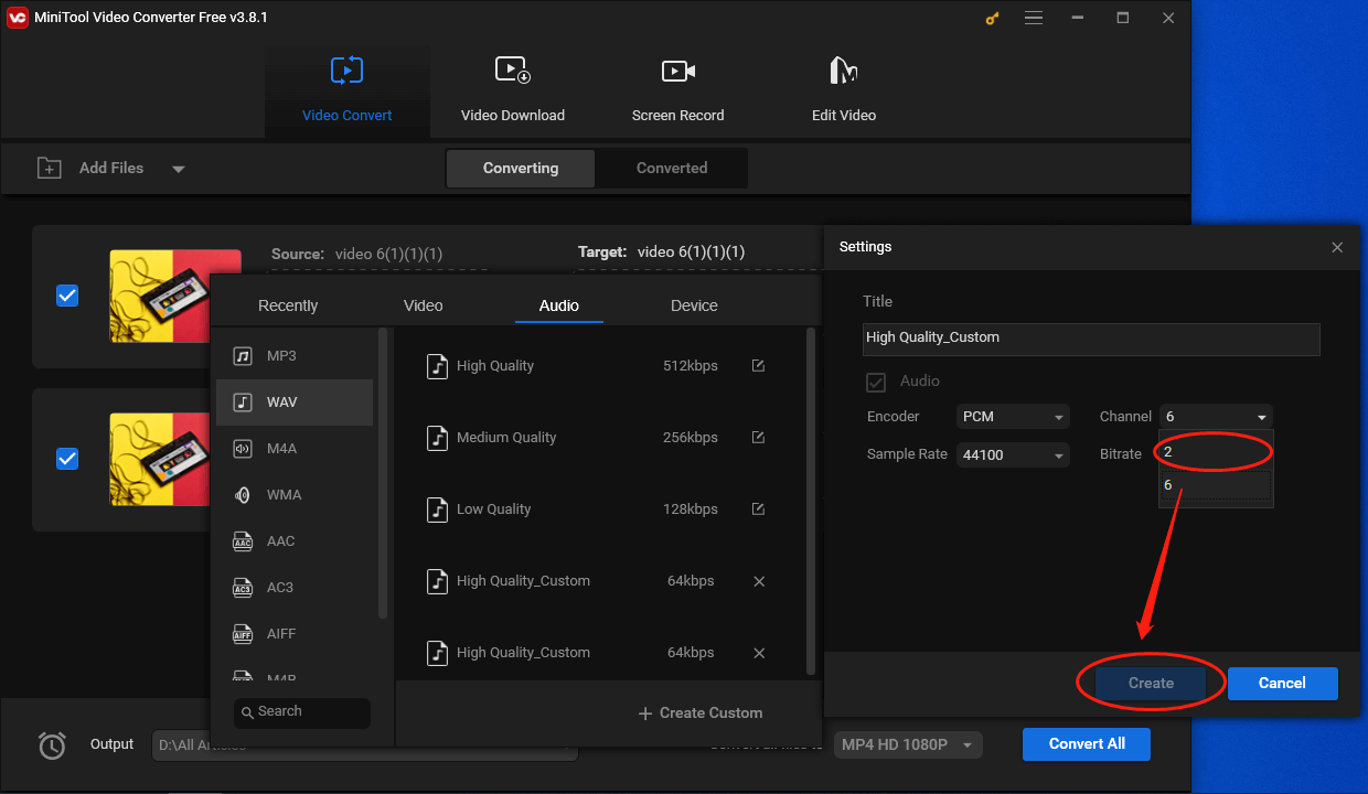 Expand the Audio Channel option in the Settings window of MiniTool Video Converter to choose 2 audio channels