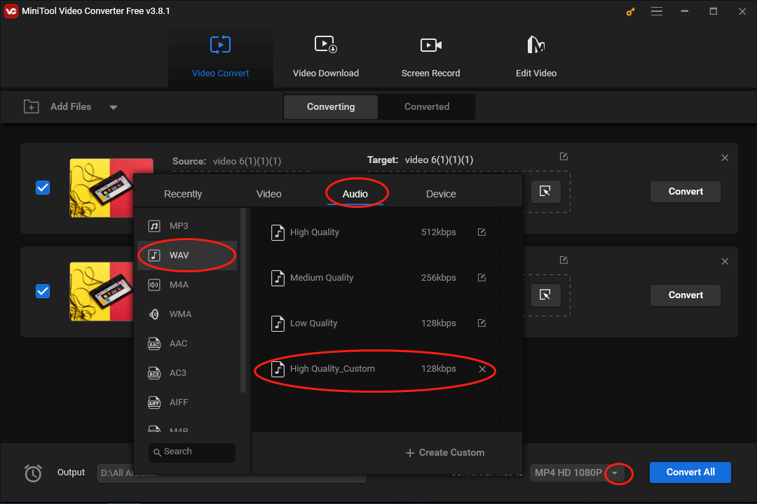 Click on WAV High Quality_Custom in the output format window of MiniTool Video Converter to set the output format