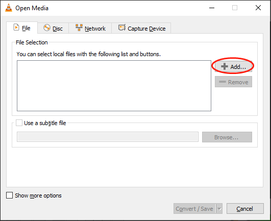 Click on the plus icon in the Open Media window of the VLC media player to upload your WAV file