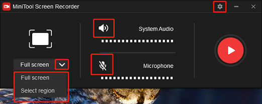 Aufnahmebereich und Audioquelle im Fenster „MiniTool Screen Recorder“ auswählen