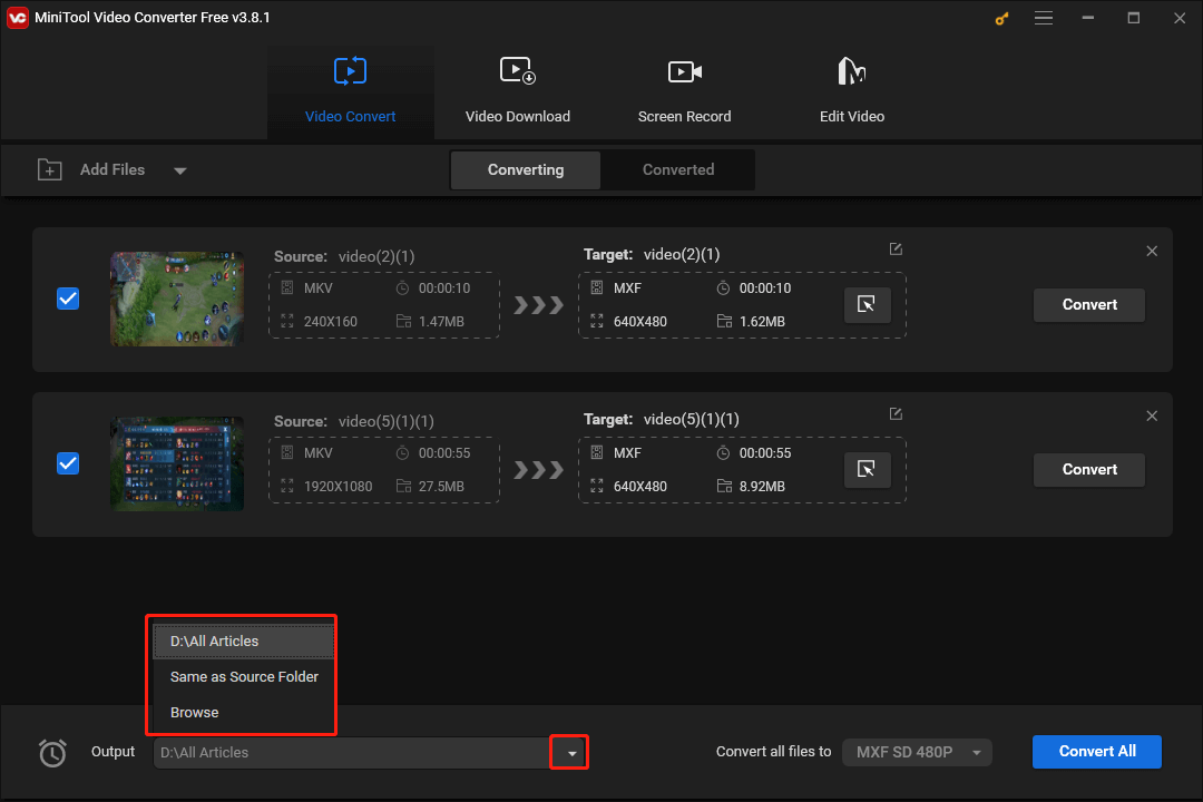 Expand the Output option in MiniTool Video Converter to choose a saving path for your converted files