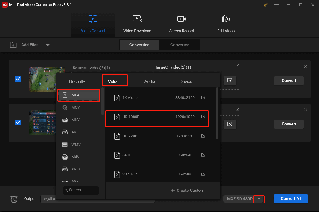 Expand the Convert all files to option in MiniTool Video Converter to access the output format window and choose MP4 HD 1080P as the output format