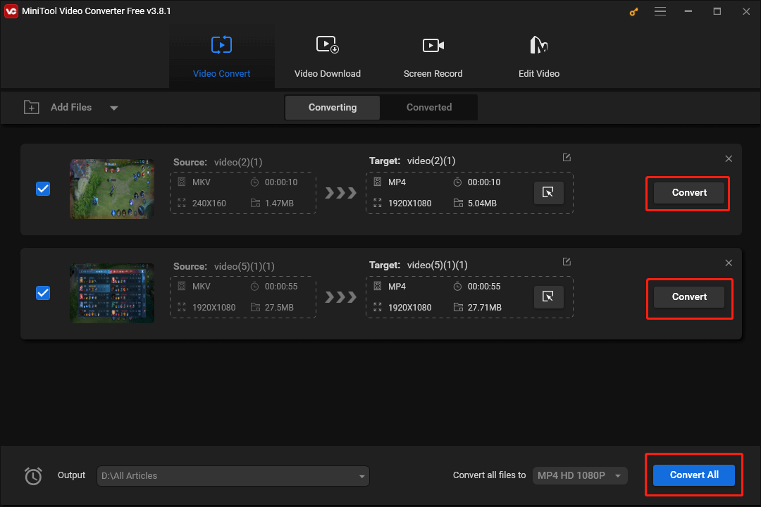 Click on the Convert or Convert All button in MiniTool Video Converter to begin your conversion tasks