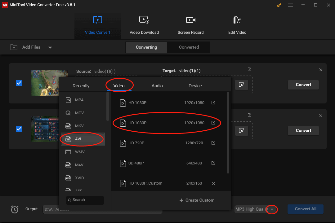 Expand the Convert all files to option in MiniTool Video Converter to access the output format window and choose AVI HD 1080P as the output format